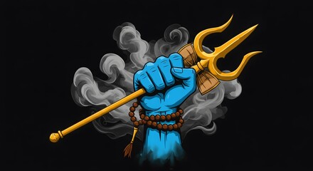 Lord shivas blue hand clenches a golden trishul, adorned with a mala, amidst swirling smoke
