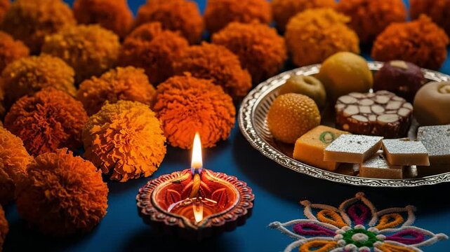 Happy Diwali greeting card concept. Lit Diya lamp, marigold flowers, Indian sweets, and rangoli on a blue surface for the Hindu festival of lights.