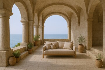 Elegant Coastal Balcony with Stone Arches, Comfortable Sofa, and Ocean View, Ideal for Relaxation and Luxury Living