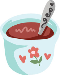 Bowl of jam with spoon, decorated with hearts and a flower