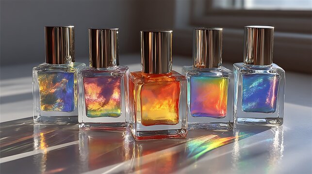 Five bottles of iridescent nail polish displaying a rainbow of colors