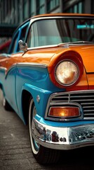 Fototapeta premium Close-up of a vintage car, two-toned orange and blue paint
