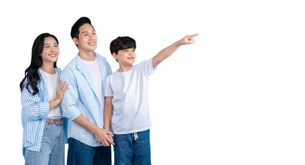 Asian family of three, looking towards the future, a father, a mother, and their son. The boy is pointing towards something on png background