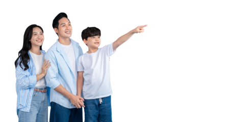 Asian family of three, looking towards the future, a father, a mother, and their son. The boy is pointing towards something on png background
