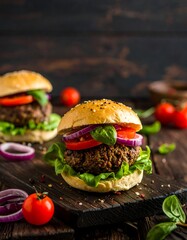 Delicious plant-based burgers on a rustic wooden board
