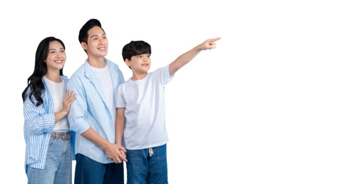 Asian family of three, looking towards the future, a father, a mother, and their son. The boy is pointing towards something on png background