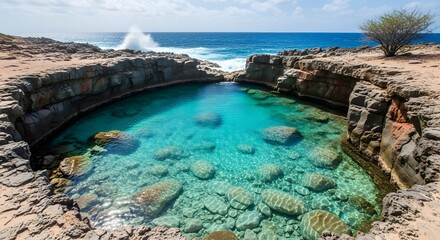 Photo of unique natural ocean pool with crystal clear turquoise water surrounded by rugged rocky cliffs