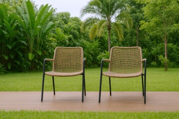 Obraz premium Two Wicker Chairs on Deck Overlooking Tropical Garden: Peaceful Outdoor Seating Area in Summer