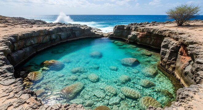 Photo of unique natural ocean pool with crystal clear turquoise water surrounded by rugged rocky cliffs