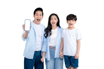 Asian family holding a phone showing screen and excited together on png background