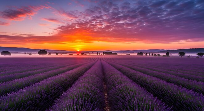 Photo of vibrant purple lavender field at sunset, a breathtaking natural landscape with colorful sky and rolling hills