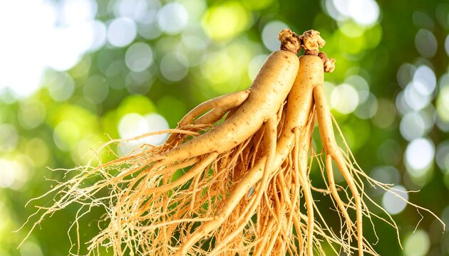 Close-up of ginseng roots against a blurred green background