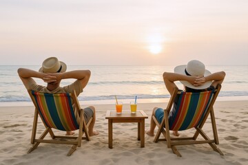 Couple Relaxing in Beach Chairs at Sunset: A Tranquil Vacation Scene