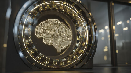 3D vault door with AI brain relief carving luminous outline security tech fusion illustration concept scene visual for commercial design use high detail quality stock image illustration concept scene 