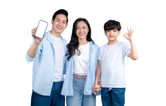 Asian family of three poses for a photo with a blank smartphone screen, with one of them shows ok sign on png background