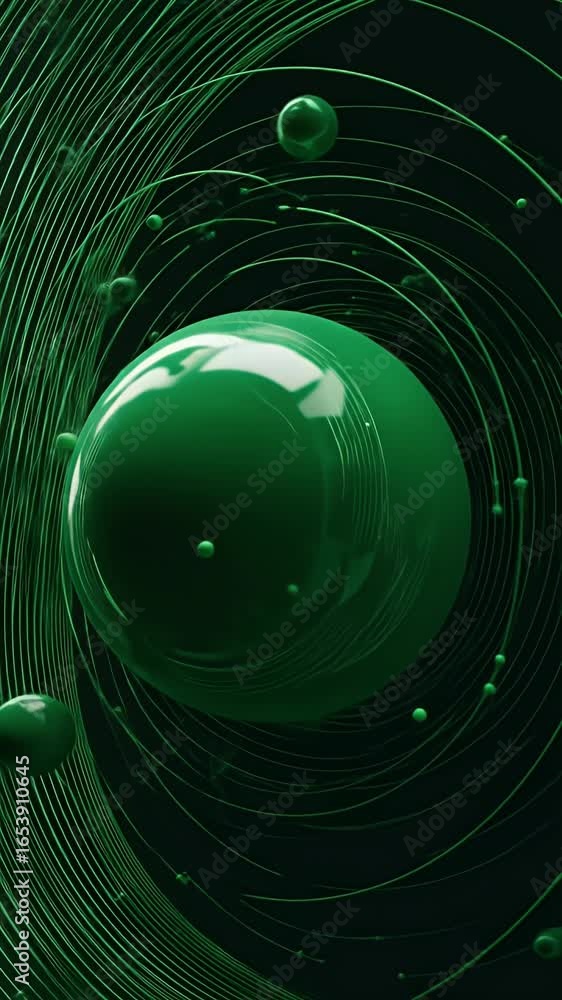 Poster abstract green sphere with concentric circles and particles 3d motion