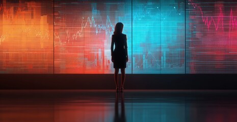 Businesswoman Analyzing Financial Data on Large Screens Displaying Stock Market Trends and Investment Strategies
