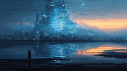 Futuristic Cityscape at Sunset with Digital Overlays and Reflections on Water, Abstract Tech Illustration