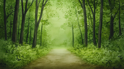 Fototapeta premium Tranquil Pathway Through Lush Green Forest Surrounded by Vibrant Leaves and Soft Natural Light Creating a Serene and Peaceful Atmosphere
