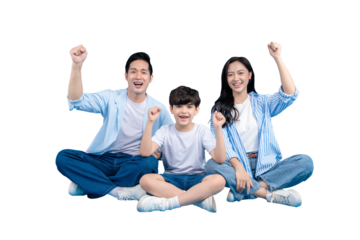 Asian family of three celebrating with raised fists on png background