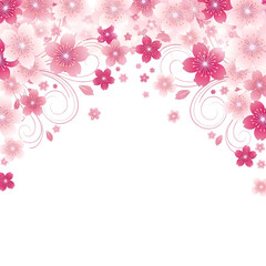 Arching Border of Pink Cherry Blossoms and Swirls on Black Background sakura flowers