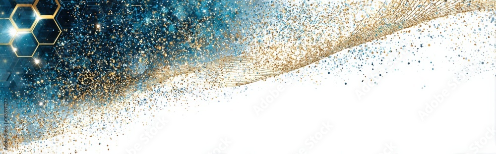 Poster elegant glittering background with golden hexagons and blue sparkles on a white canvas for design