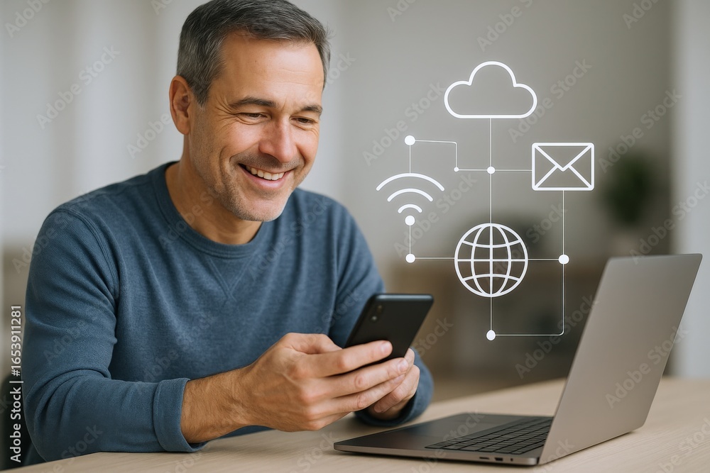 Poster man using smartphone and laptop with digital network symbols for cloud computing communication