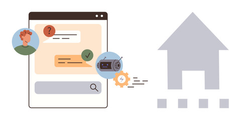 Chat window with user, chatbot, automation gear, and house icon visually convey digital communication, tech solutions, and user assistance. Ideal for technology, support, automation home services