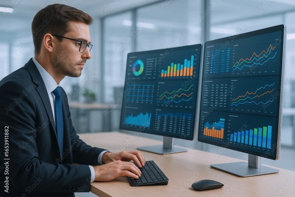 Poster financial analyst reviewing stock market data and charts on multiple computer screens in office
