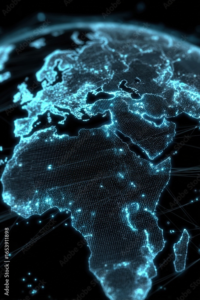Poster global network connection visualizing data transmission across continents, illustrating connectivity