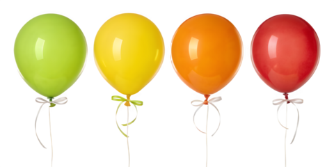 Four colorful balloons in green, yellow, orange, and red isolated on transparent background