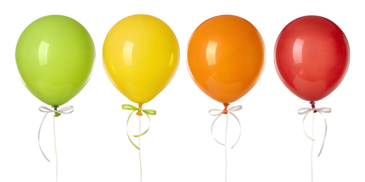 Four colorful balloons in green, yellow, orange, and red isolated on transparent background - Powered by Adobe