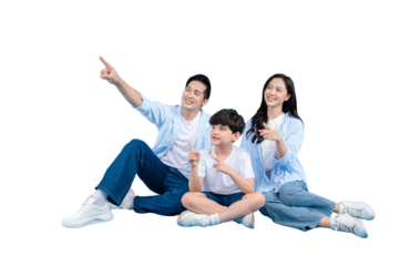 Asian family pointing upwards on png background
