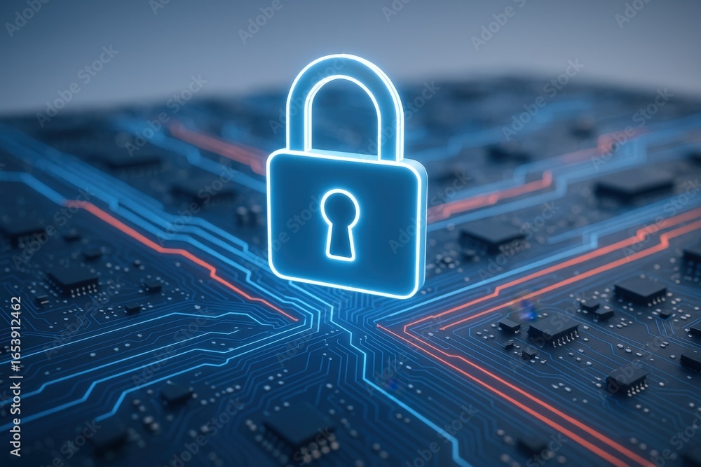 Poster cybersecurity concept: glowing padlock on a digital circuit board, symbolizing data protection and n