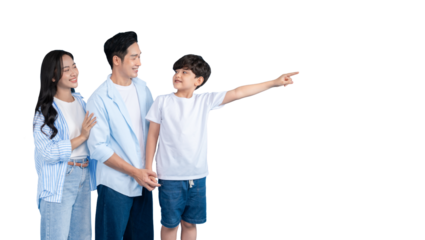 Asian of three pointing to something in the distance with png background