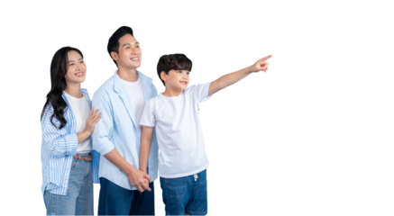 Asian family of three pointing toward a destination. The family is smiling and looking up together on png background