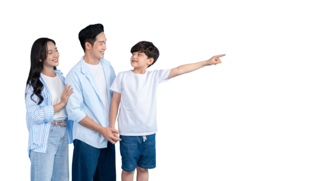 Asian of three pointing to something in the distance with png background - Powered by Adobe