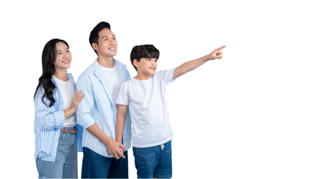 Asian family of three pointing toward a destination. The family is smiling and looking up together on png background