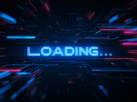 Futuristic loading screen with neon text and high-tech background in a vibrant illustration. - Powered by Adobe