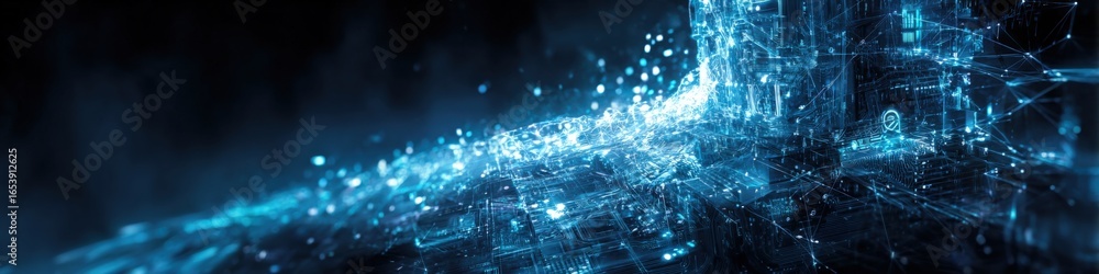 Poster futuristic blue network visualization: data stream and artificial intelligence concept for digital t