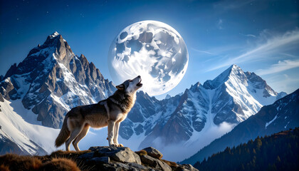 Wolf howling at the full moon in a mountainous snowy landscape under a starlit night sky