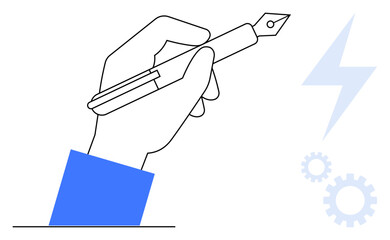Outlined hand holding fountain pen, blue lightning bolt, gears. Ideal for creativity, innovation, writing, design, workflow ideas productivity. Clean modern design as a simple flat metaphor