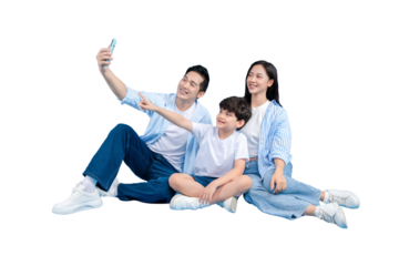 Asian family taking a selfie together and enjoying a happy moment on png background