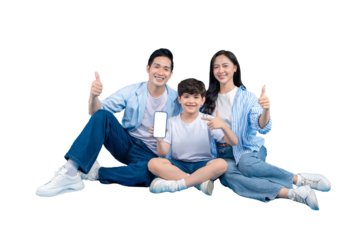 A Asian family of three showing a blank smartphone screen. The parents and child are all smiling and giving thumbs-up signs on png background.