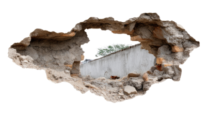 Rubble Hole: a hole in a crumbling wall, revealing a glimpse of sky, a metaphor for hidden discovery.