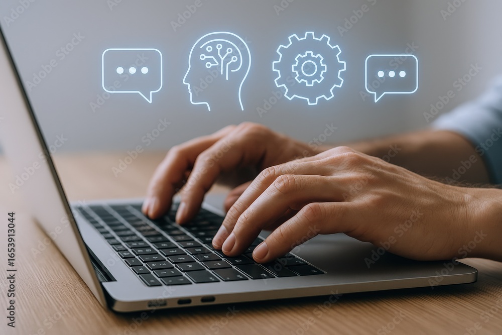 Poster hands typing on laptop with ai concept icons: artificial intelligence and automation