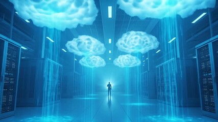 A silhouette of a person standing in a server room with glowing clouds above, representing cloud computing and data storage in a modern and futuristic environment - Powered by Adobe