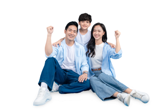 Asian family of three is joyful. A father, mother, and son are posing and have their arms raised on png background