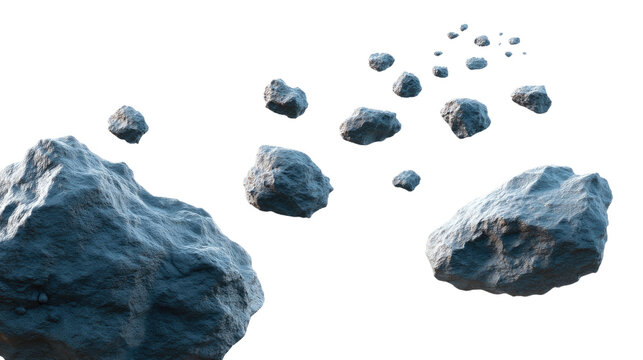 Celestial Stones in the Void: A captivating view of multiple meteoroids in deep space, where their textures are detailed and distinct. These stone bodies journey through the universe.