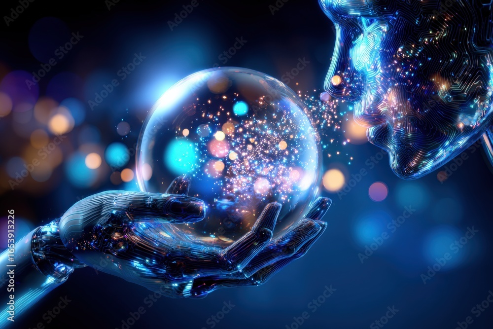 Poster futuristic ai interface: a metallic robot holding a glowing orb displaying advanced technology